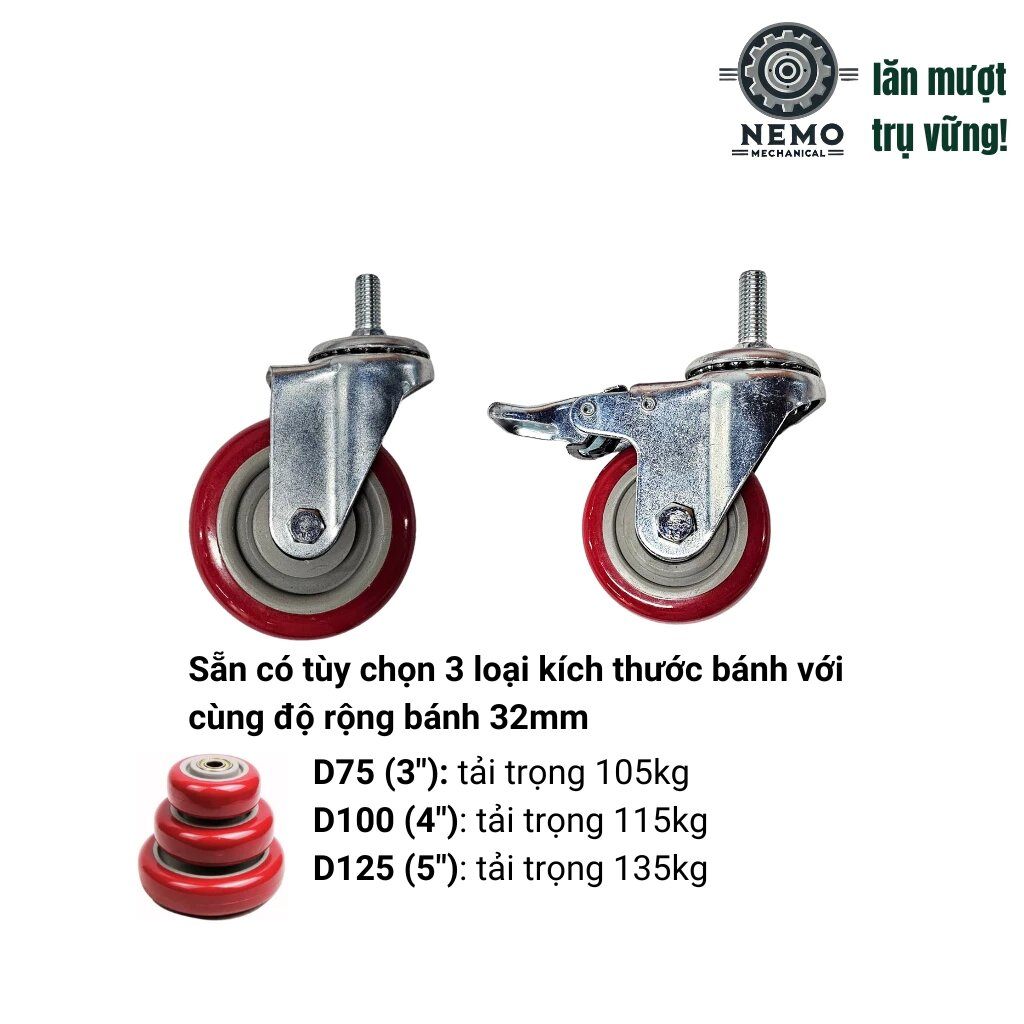 Bánh xe đẩy hàng PVC đỏ mận, cọc vít, có bạc đạn, đường kính 7cm, 10cm, 12cm, 105-135kg /bánh